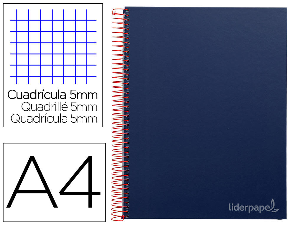 CAHIER SPIRALE LIDERPAPEL JOLLY COUVERTURE CONTRECOLLE A4 280P 75G/M2 5X5MM MICROPERFOR 4 TROUS COLORIS BLEU MARINE