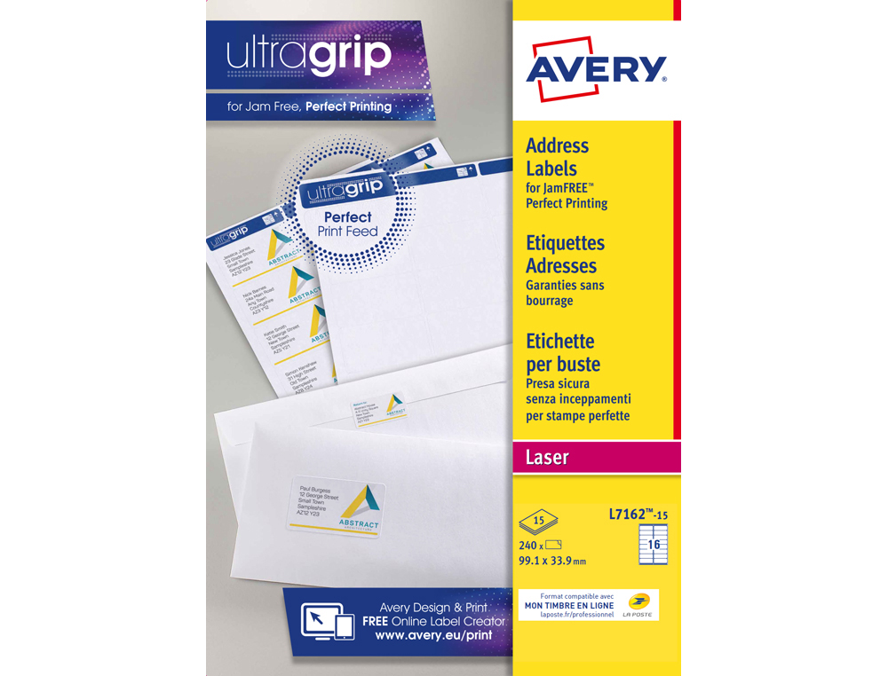 ETIQUETTE EXPEDITION AVERY IMPRESSION LASER 99,1X33,9MM  COLORIS BLANC POCHETTE 240    UNITES