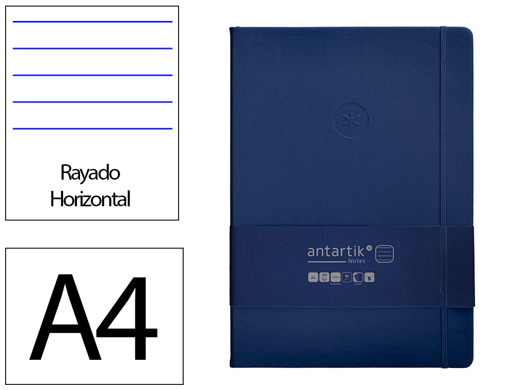 CARNET FERMETURE ELASTIQUE ANTARTIK NOTES COUVERTURE     RIGIDE A4 LIGNE 100 FEUILLES  80GR FSC COLORIS BLEU MARINE