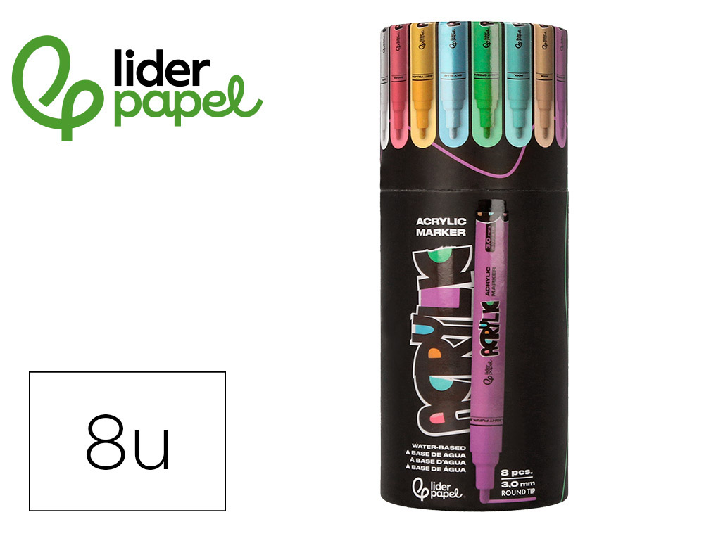 MARQUEUR LIDERPAPEL ACRYLIQUE BASE EAU TOUS SUPPORT POINTE  RONDE 3MM COLORIS PASTELS     ASSORTIS BOITE 8 UNITES