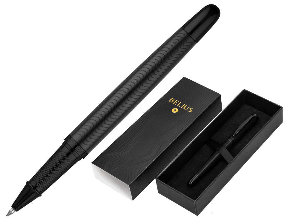 STYLO-BILLE BELIUS NEPTUNO CORPS ALUMINIUM TEXTURE WAVY  ENCRE BLEUE COLORIS NOIR      BOITE DESIGN