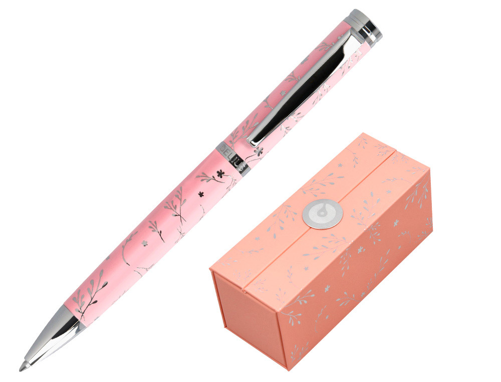STYLO-BILLE BELIUS BELLA ALUMINIUM ENCRE BLEUE COLORIS ROSE DESIGN RELIEF ARGENTE         BOITE DESIGN