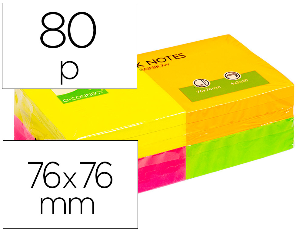 BLOC-NOTES Q-CONNECT QUICK NOTES COULEURS NON RAINBOW 76X76MM 80F REPOSITIONNABLES ROSE/ORANGE/VERT/JAUNE 12 BLOCS