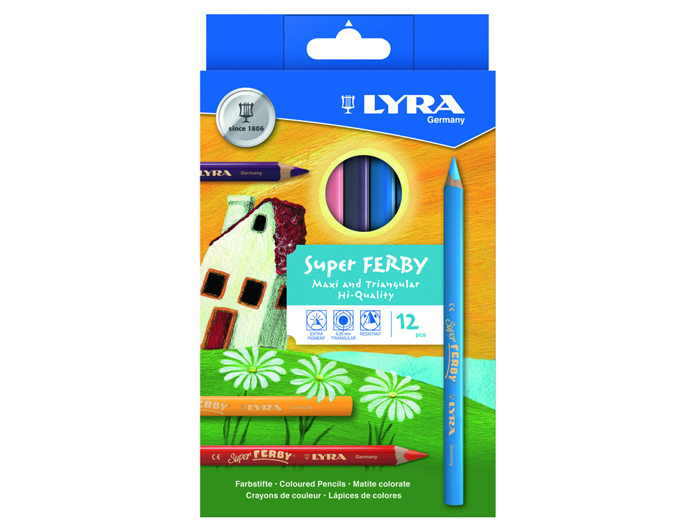 ETUI CRAYONS DE COULEUR SUPER FERBY LYRA FORME TRIANGULAIRE BOIS 12CM MINE 6MM 12 UNITES  COLORIS ASSORTIS