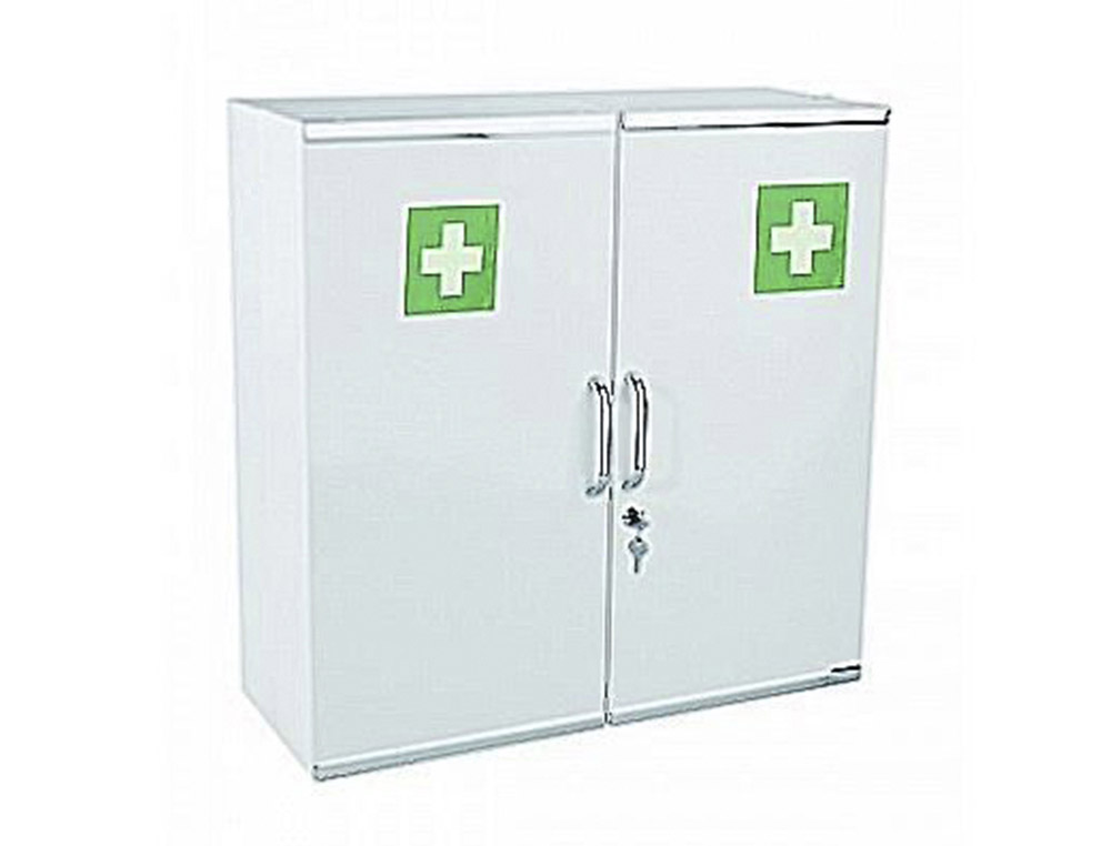 ARMOIRE PHARMACIE 2 PORTES MÉTAL ÉTAGÈRES RÉGLABLES PLASTIQUE FERMETURE CLÉ 2 CROIX VERTES SÉRIGRAPHIÉES 54X20,5X55,5CM