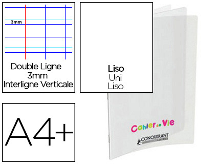 CAHIER VIE AGRAFÉ CONQUÉRANT CLASSIQUE COUVERTURE POLYPROPYLÈNE A4+ 24X32CM 96 PAGES 48 LIGNÉES 10MM/48 UNIES 90G