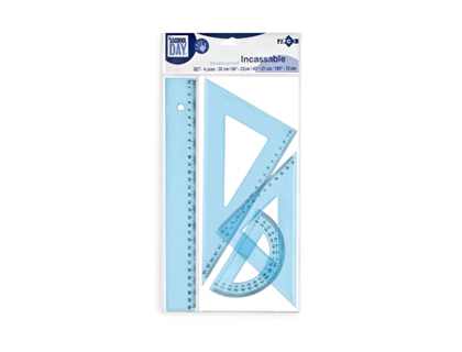 KIT JPC 4 PIÈCES 1 RÈGLE 30CM 2 ÉQUERRES 1 RAPPORTEUR INCASSABLES ÉCONOMIQUES