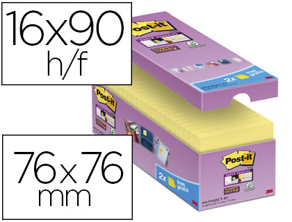 BLOC-NOTES POST-IT SUPER STICKY 76X76MM REPOSITIONNABLES ADHÉSIF RENFORCÉ 90F/BLOC COLORIS JAUNE 16 BLOCS+2 OFFERTS