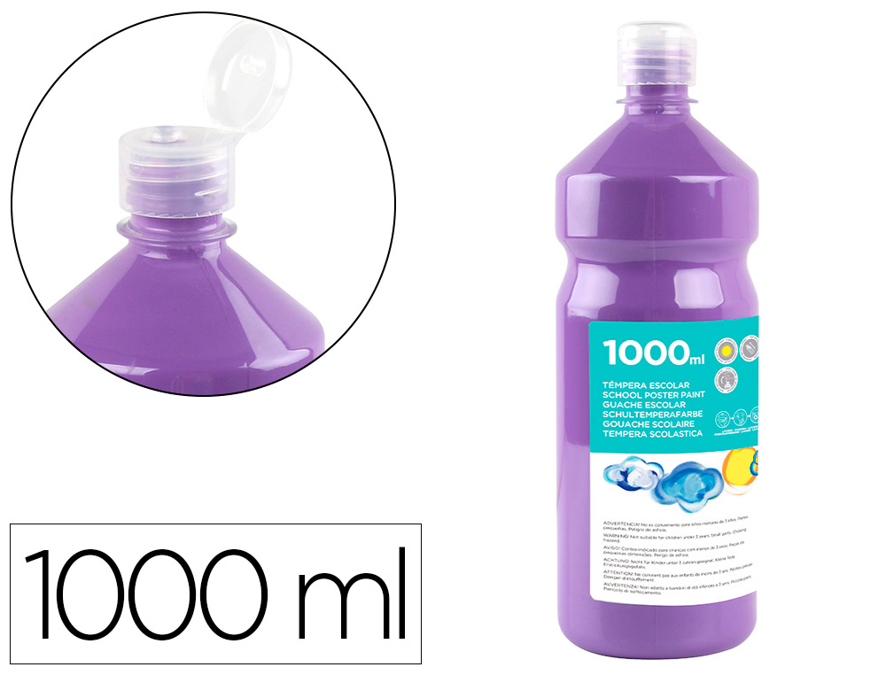 GOUACHE SCOLAIRE LIDERPAPEL LIQUIDE LAVABLE FERMETURE SÉCURITÉ BRILLANTE COLORIS LILAS FLACON 1000ML