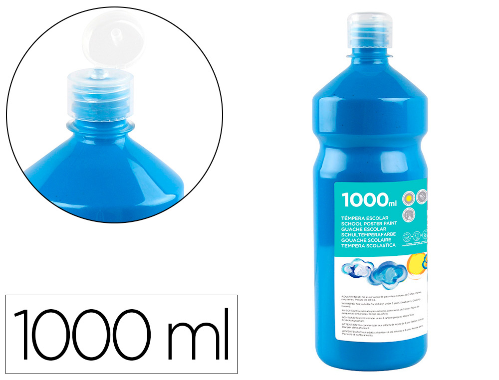GOUACHE SCOLAIRE LIDERPAPEL LIQUIDE LAVABLE FERMETURE SCURIT BRILLANTE COLORIS BLEU FLACON 1000ML