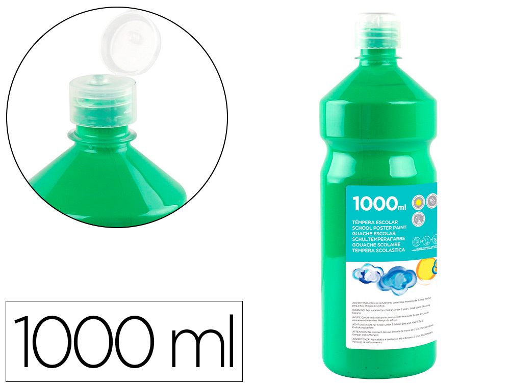 GOUACHE SCOLAIRE LIDERPAPEL LIQUIDE LAVABLE FERMETURE SCURIT BRILLANTE COLORIS VERT FLACON 1000ML