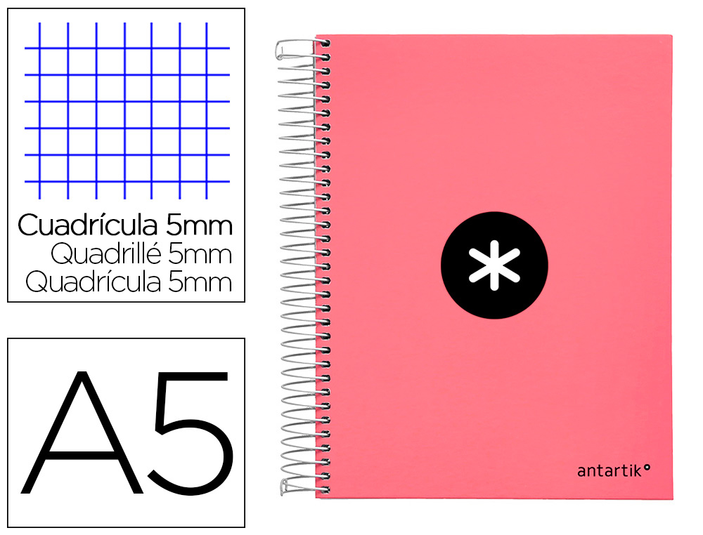 CAHIER SPIRALE ANTARTIK A5 240P 90G REMBORDE QUADRILLAGE 5MM MICROPERFORE 5 BANDES 6   TROUS COLORIS CORAIL