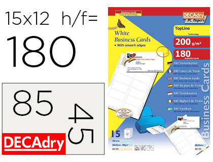 CARTE VISITE DECADRY MULTIUSAGE 85X45MM 200G BORDS LISSES COINS CARRS POCHETTE 180 UNITS BLANC