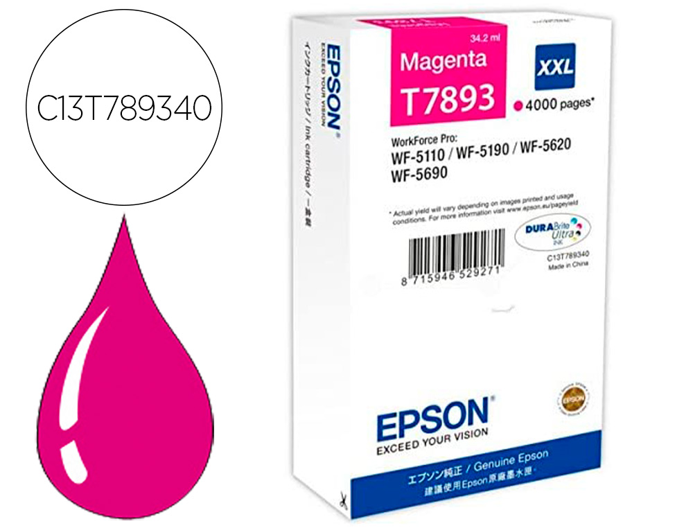 CARTOUCHE EPSON JET D'ENCRE T7 893 XXL HAUTE CAPACITÉ WF-5110/5190/5620/5690 MAGENTA