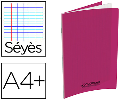 CAHIER AGRAFÉ CONQUÉRANT POLYPROPYLÈNE A4+ 24X32CM 48 PAGES SÉYÈS 90G COLORIS ROSE