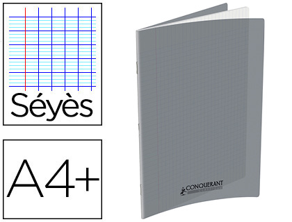 CAHIER AGRAFÉ CONQUÉRANT POLYPROPYLÈNE A4+ 24X32CM 48 PAGES SÉYÈS 90G COLORIS GRIS