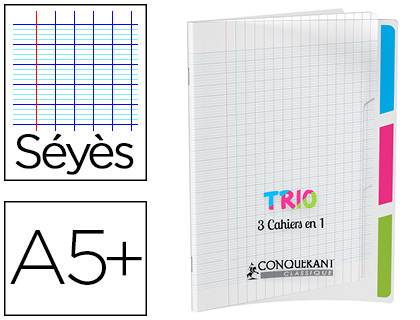 CAHIER AGRAFÉ CONQUÉRANT TRIO 3EN1 POLYPROPYLÈNE A5+ 17X22CM 96 PAGES SÉYÈS 90G