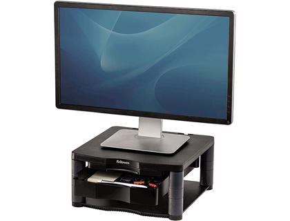 SUPPORT ÉCRAN FELLOWES ORDINATEUR CRT/LCD RÉGLABLE 5 HAUTEURS 64/165MM TIROIR PORTE-COPIE SUPPORTE 36KG COLORIS NOIR