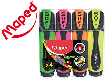SURLIGNEUR MAPED FLUO'PEPS ULTRASOFT POINTE BISEAUTÉE TRACÉ 1/5MM EMBOUT FLEXIBLE POCHETTE 4 UNITÉS ASSORTIES