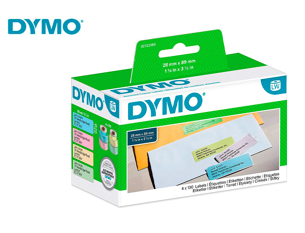 ETIQUETTE ADHESIVE DYMO LABELWRITER PERMANENTE 28X89MM REF S0722380 4 COLORIS RUBAN 130 UNITES