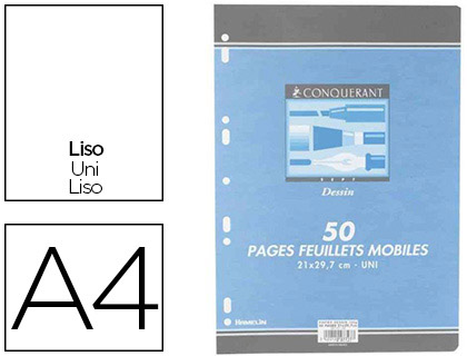 FEUILLET MOBILE CONQUÉRANT SEPT A4 210X297MM 50 PAGES 120G RÉGLURE DESSIN PERFORÉ COLORIS BLANC