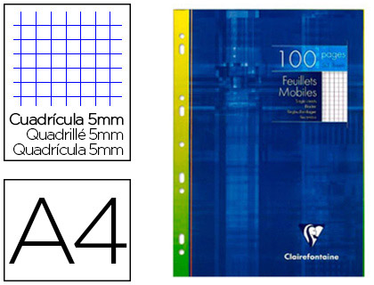 FEUILLET MOBILE CLAIREFONTAINE A4 210X297MM PAPIER VÉLIN VELOUTÉ 100 PAGES 90G 5X5MM PERFORÉ COLORIS BLANC