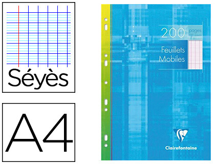 FEUILLET MOBILE CLAIREFONTAINE A4 210X297MM PAPIER VÉLIN VELOUTÉ 200 PAGES 90G SÉYÈS PERFORÉ COLORIS BLANC