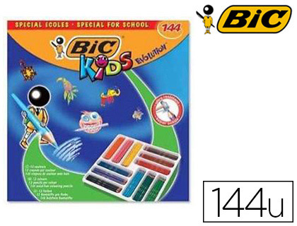 CRAYON COULEUR BIC KIDS EVOLUTION RÉSINE SYNTHÈSE 175MM MINE RÉSISTANTE RÉSISTE MORDILLAGE COFFRET SCOLAIRE 144 UNITÉS