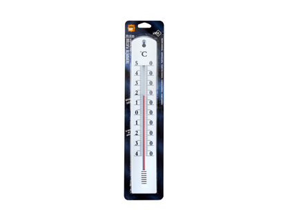 THERMOMÈTRE JPC POLYSTYRÈNE USAGE INTÉRIEUR EXTÉRIEUR TUBE ALCOOL PROTÉGÉ 40X8CM COLORIS BLANC