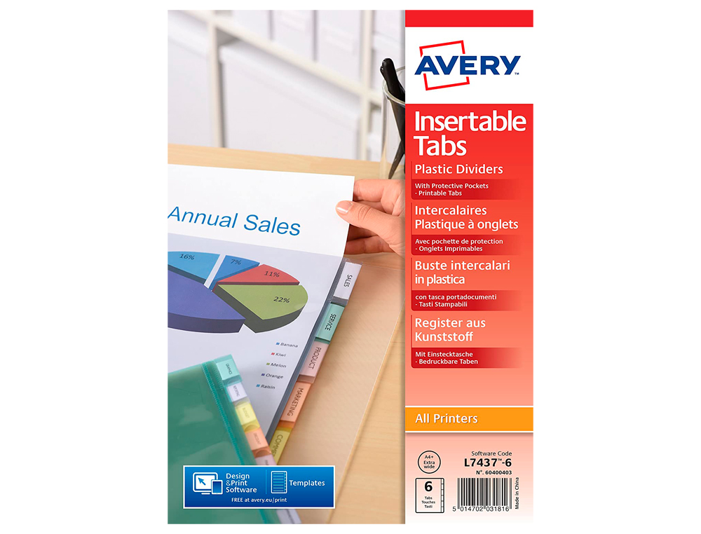 POCHETTE INTERCALAIRE AVERY PP 180 MICRONS 6 TOUCHES ULTRA-RÉSISTANTES ONGLET PERSONNALISABLE COLORIS TRANSPARENT