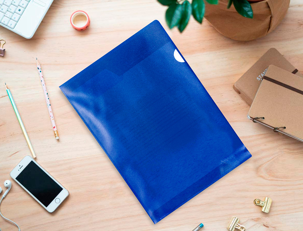 POCHETTE COIN Q-CONNECT POLYPROPYLÈNE GRAINÉ ÉCONOMIQUE 12/100E COLORIS BLEU TRANSPARENT BOÎTE 100 UNITÉS
