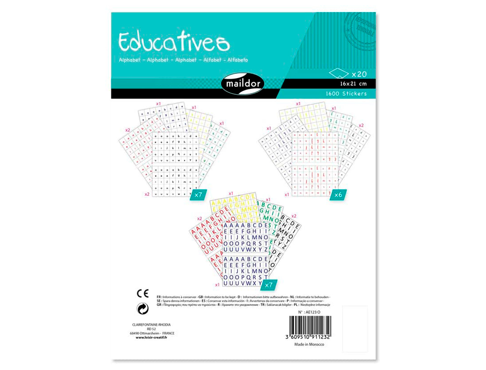 GOMMETTE ÉDUCATIVE MAILDOR ALPHABET COLORIS ROUGE BLEU VERT JAUNE NOIR 6 PLANCHES 1600 UNITÉS