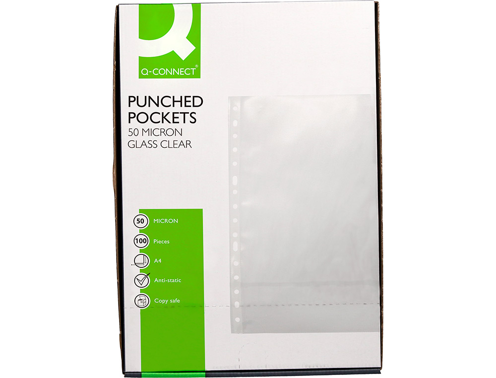 POCHETTE Q-CONNECT POLYPROPYLÈNE LISSE 5/100E PERFORÉE CRISTAL ANTISTATIQUE A4 210X297MM BOÎTE 100 UNITÉS