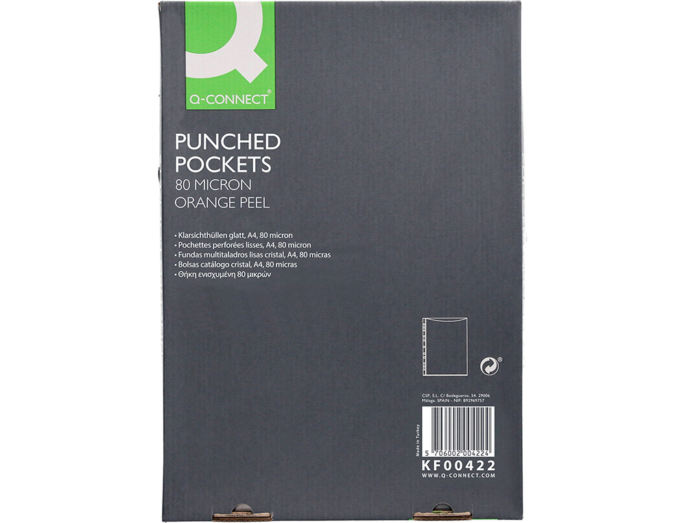 POCHETTE Q-CONNECT POLYPROPYLÈNE LISSE 5/100E PERFORÉE CRISTAL ANTISTATIQUE A4 210X297MM BOÎTE 100 UNITÉS