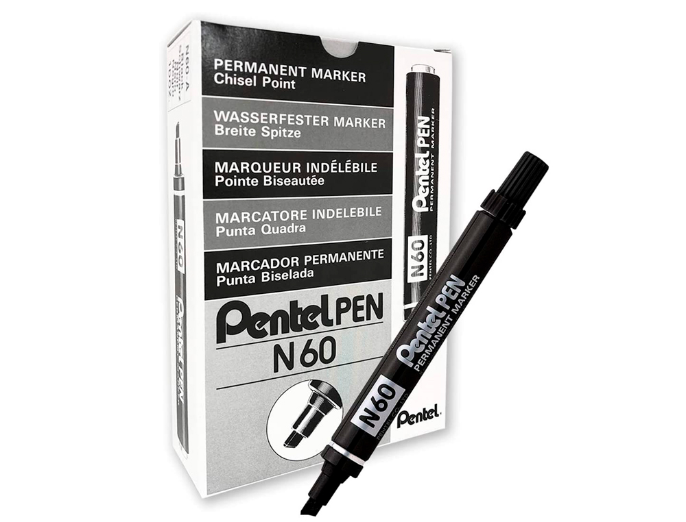MARQUEUR PENTEL N60 PERMANENT POINTE BISEAUTE 3.9/5.7MM ENCRE  SOLVANT INDLBILE TOUS SUPPORTS CORPS MTAL NOIR