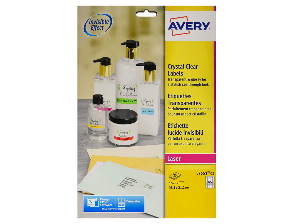 ÉTIQUETTE ADHÉSIVE AVERY EXPÉDITEUR LASER  38.1X2           1.2MM TRANSPARENTE ENLEVABLE SANS TRACE 1625 UNITÉS