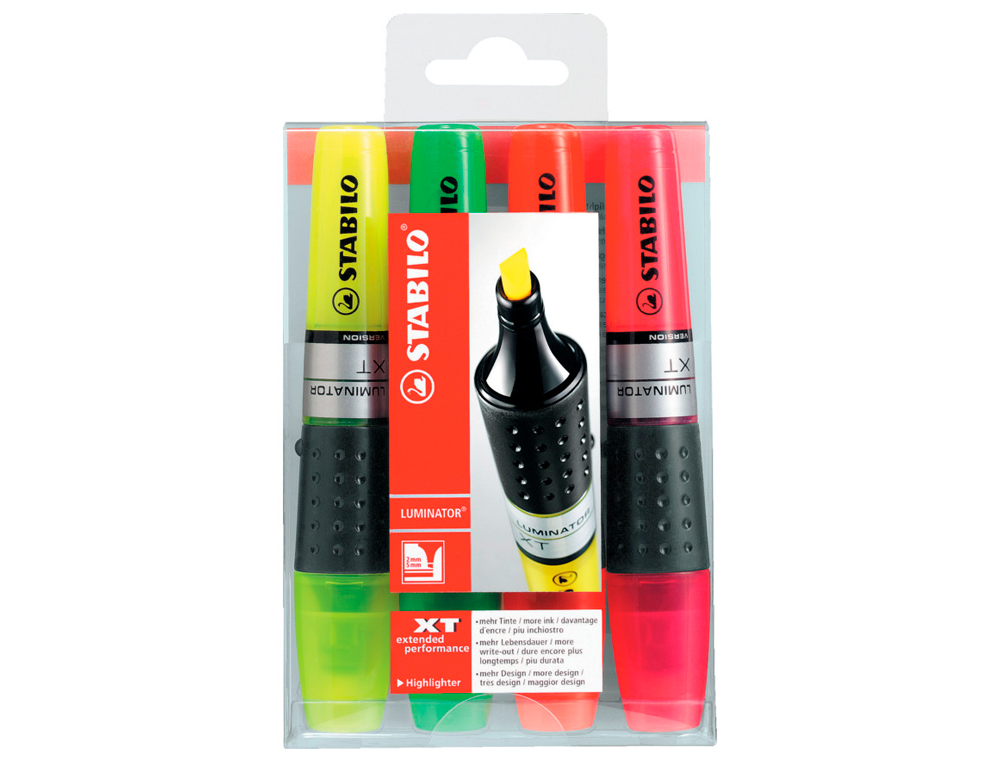 SURLIGNEUR STABILO LUMINATOR TRACÉ 2/5MM ENCRE LIQUIDE NIVEAU VISIBLE BASE ERGONOMIQUE POCHETTE 4 UNITÉS
