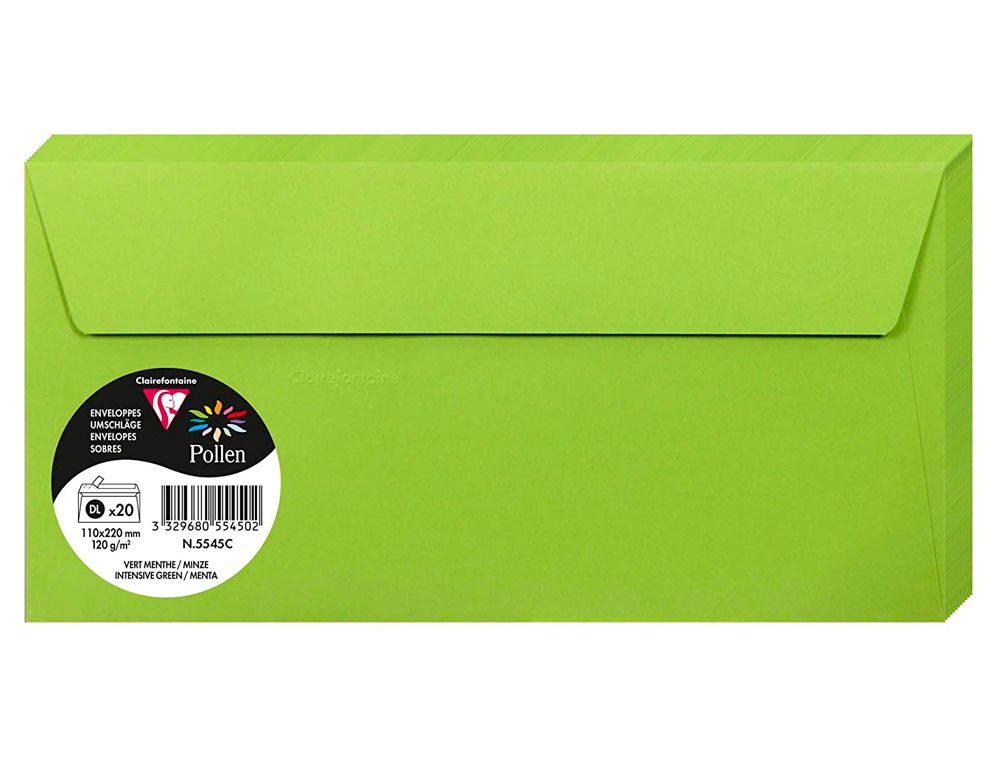 ENVELOPPE CLAIREFONTAINE POLLEN DL 110X220MM 120G COLORIS VERT MENTHE PAQUET 20 UNITÉS