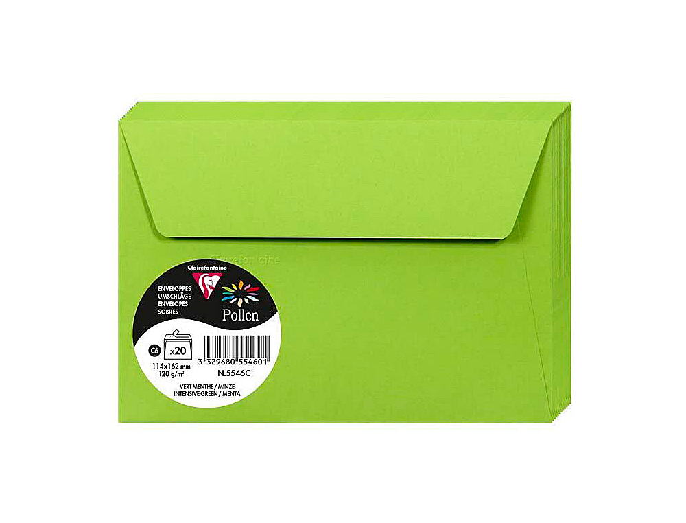 ENVELOPPE CLAIREFONTAINE POLLEN C6 114X162MM 120G COLORIS VERT MENTHE PAQUET 20 UNITS