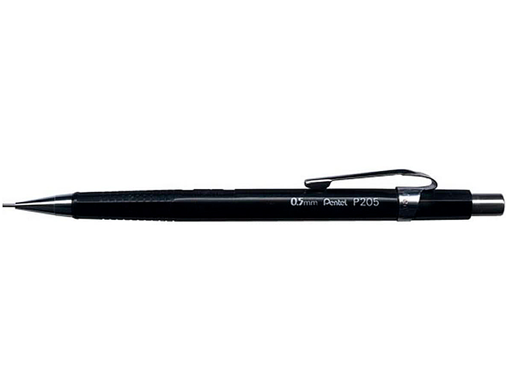 PORTE-MINE PENTEL P200 0.5MM EMBOUT ET AGRAFE MÉTALLIQUES CANON FIXE LONGUEUR 4 MM GOMME RECHARGEABLE CORPS NOIR