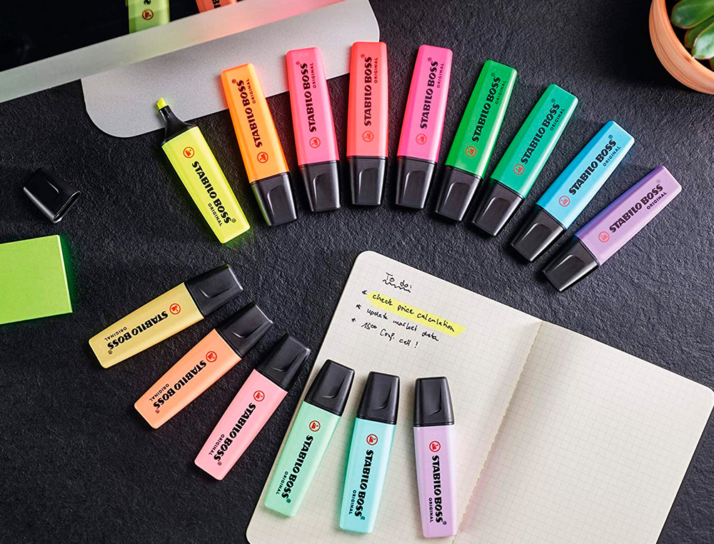SURLIGNEUR STABILO BOSS ORIGINAL PASTEL ENCRE BASE    EAU POINTE BISEAUTEE LARGEUR  TRACE 2/5MM COLORIS SORBET