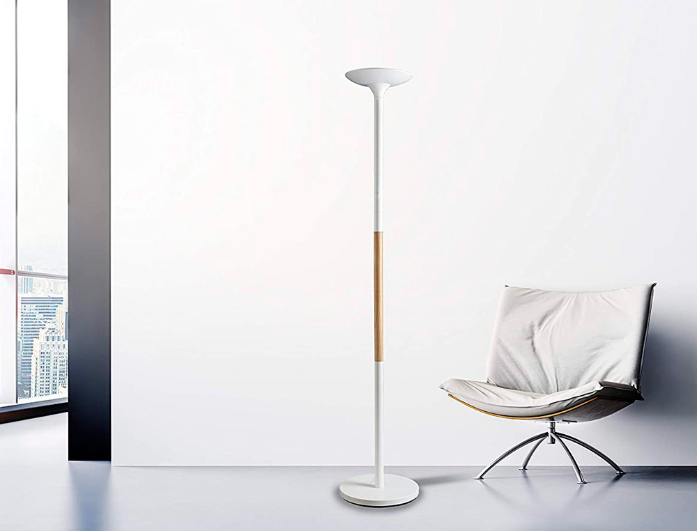 LAMPADAIRE UNILUX LED PRYSKA METAL LAQUE ET BOIS VARIATEUR 4000 LUMEN COLORIS            BLANC/HETRE