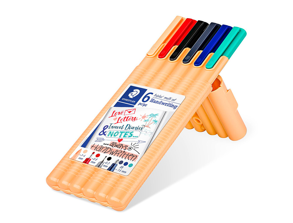 ETUI STAEDTLER TRIPLUS MULTI SET 6 UNITES 1 FEUTRE NOIR 1  FEUTRE ROUGE 3 STYLOS BLEU 3  TURQUOISE 1 SURLIGNEUR PECHE