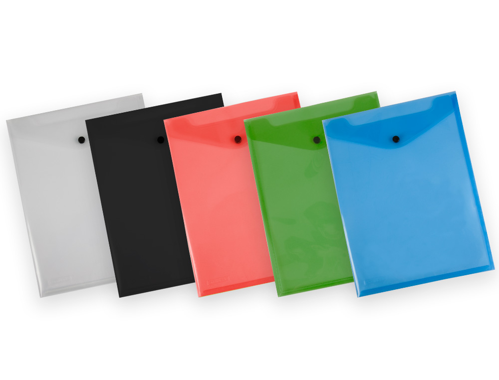 POCHETTE ENVELOPPE LIDERPAPEL POLYPROPYLENE 180 MICRONS A4 297X210MM AVEC SOUFFLET 300F FERMETURE BOUTON TRANSPARENT