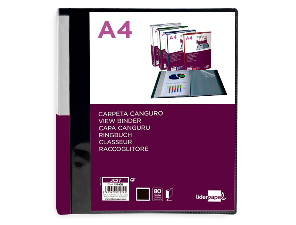 PROTEGE-DOCUMENTS LIDERPAPEL PERSONNALISABLE KANGOUROU     POLYPROPYLENE 80 POCHETTES    FIXES A4 COLORIS NOIR OPAQUE
