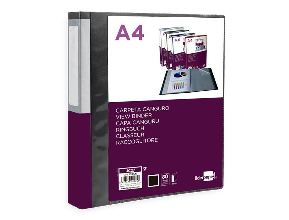 PROTEGE-DOCUMENTS LIDERPAPEL PERSONNALISABLE KANGOUROU     POLYPROPYLENE 80 POCHETTES    FIXES A4 COLORIS NOIR OPAQUE