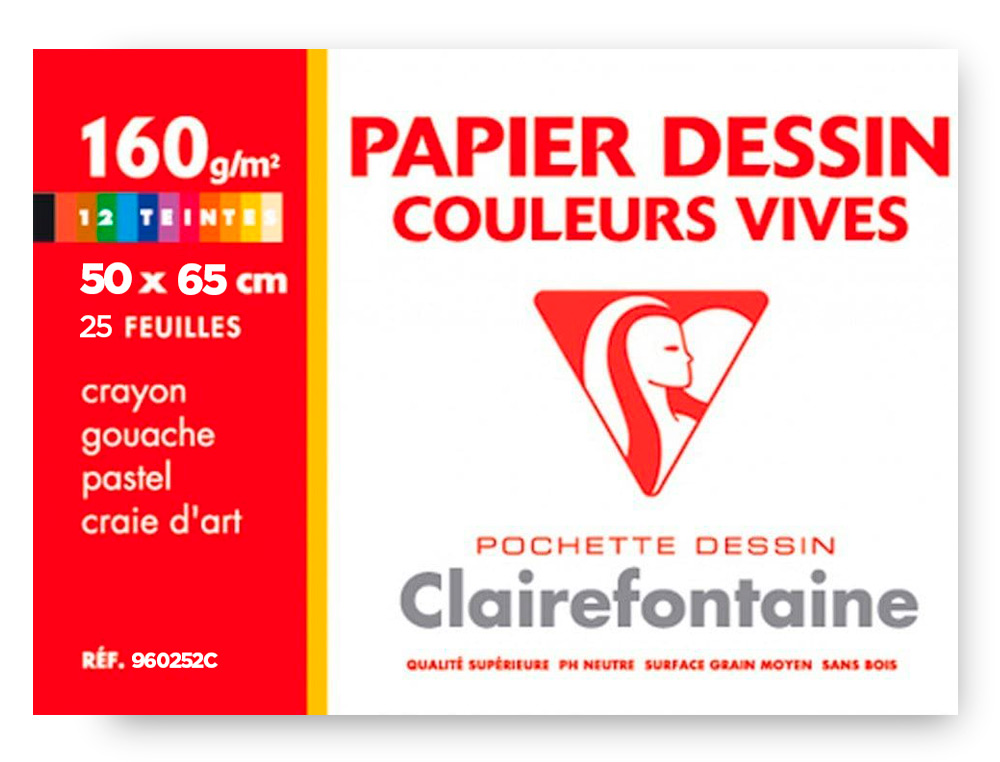 PAPIER DESSIN CLAIREFONTAINE A GRAIN 160G 1 SURFACE GRAINEE 1 LISSE 50X65CM PAQUET 24F COLORIS VIFS 24
