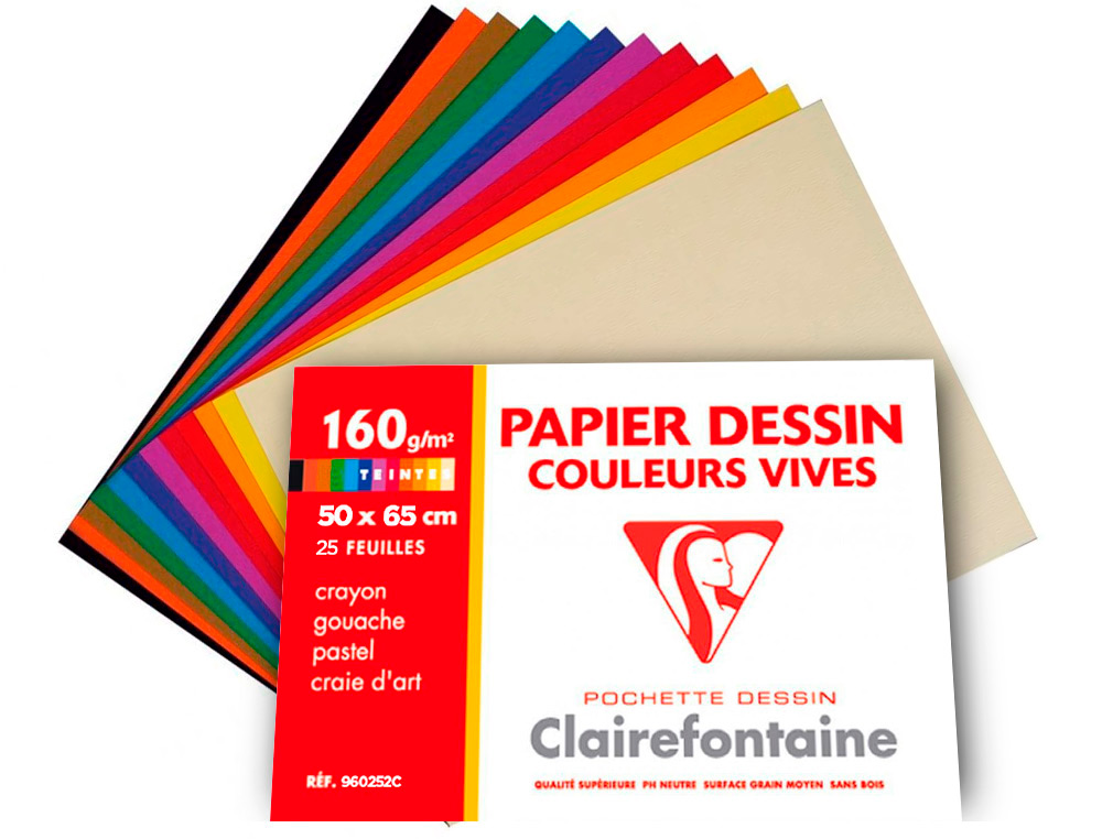PAPIER DESSIN CLAIREFONTAINE A GRAIN 160G 1 SURFACE GRAINEE 1 LISSE 50X65CM PAQUET 24F COLORIS VIFS 24