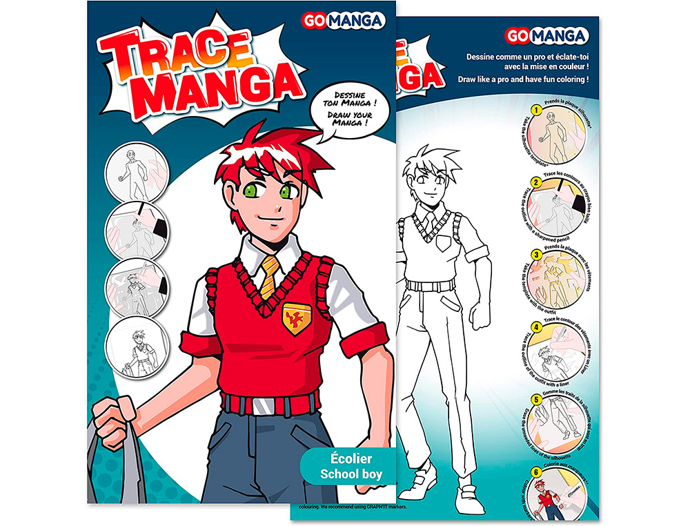 TRACE-MANGA GO MANGA 2 POCHOIRS SILHOUETTE A TRACER  TENUE VESTIMENTAIRE ET        ACCESSOIRES MODELE GARCON