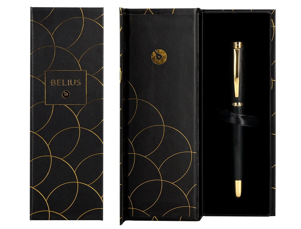 STYLO-PLUME BELIUS PASSION ALUMINIUM BROSSE ATTRIBUTS OR ENCRE BLEUE COLORIS NOIR DANS COFFRET CADEAU